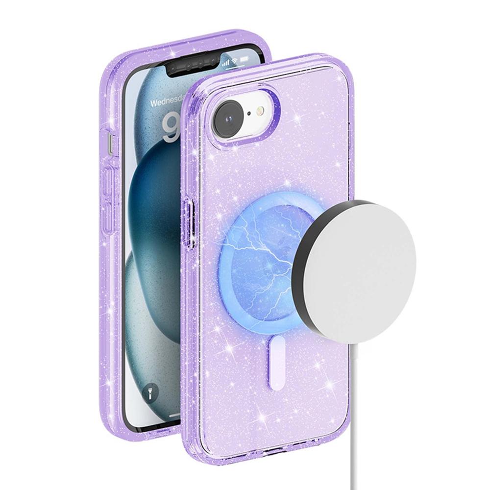 For iPhone 16e Magnetic Case Support Wireless Charging Glitter Powder PC + TPU Phone Cover