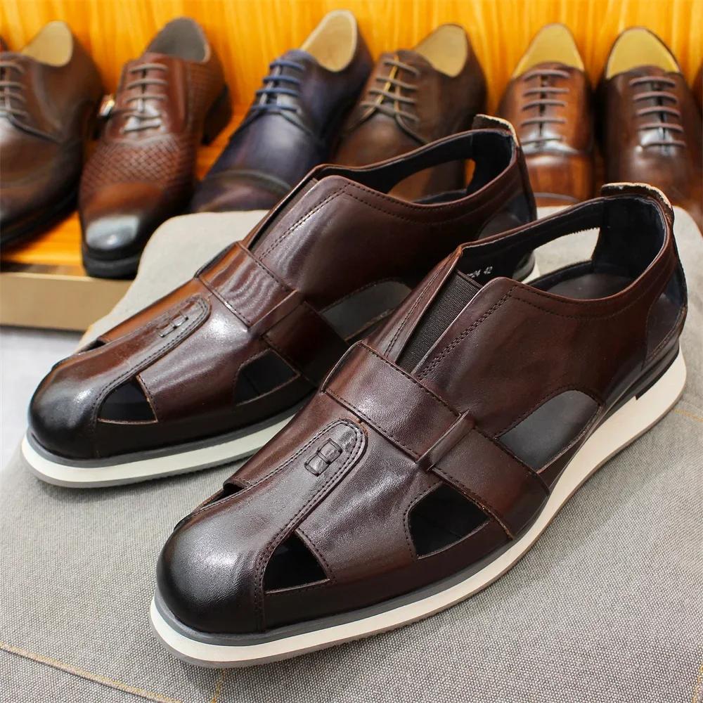 Fashion Men's Classic Arabic Style Genuine Leather Slip-On Sandals Casual Business Party Formal Hollow Flat Shoes