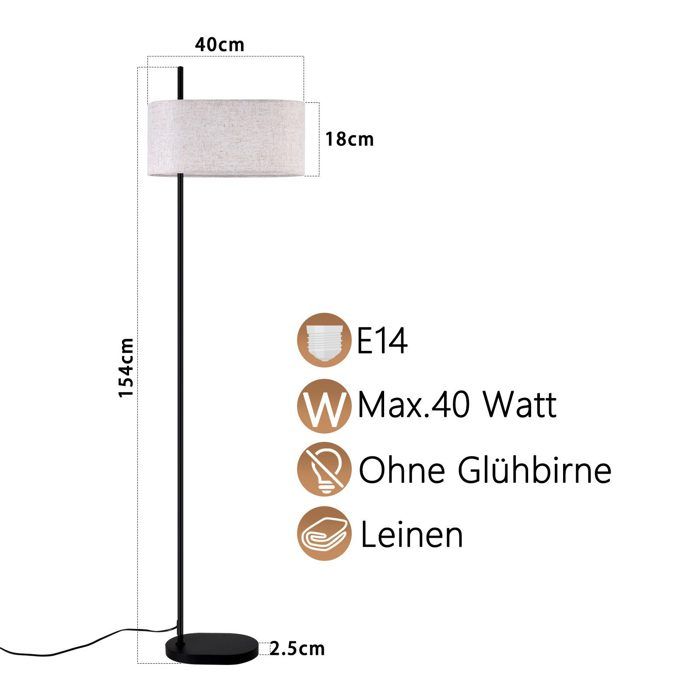 Lampadaire - NETTLIFE - 154 cm - Noir - Abat-jour tissu - Culot E27