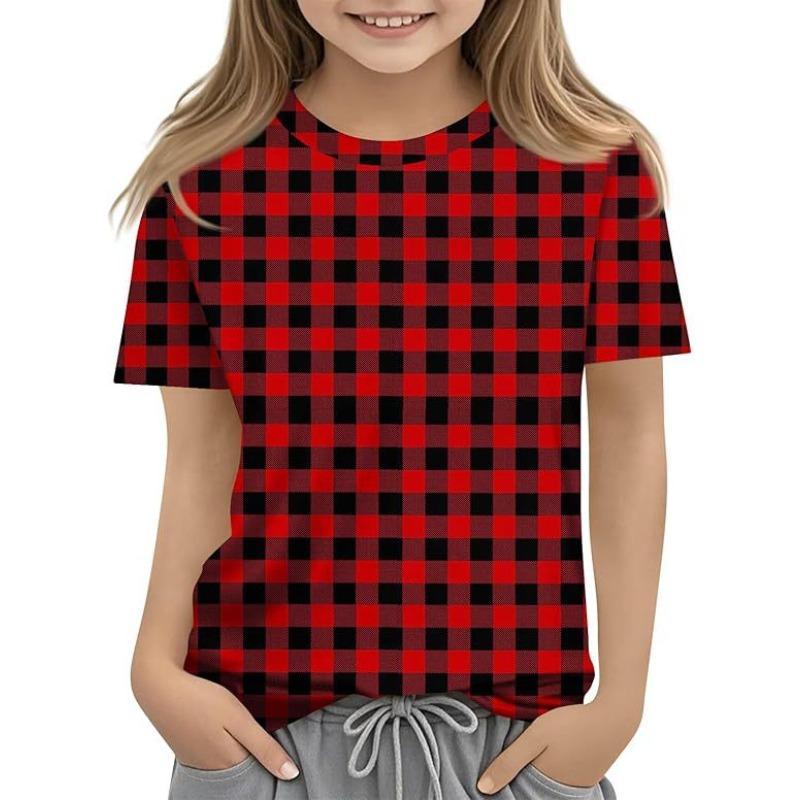 

Детская футболка Модная повседневная клетчатая футболка с короткими рукавами и круглым вырезом 150