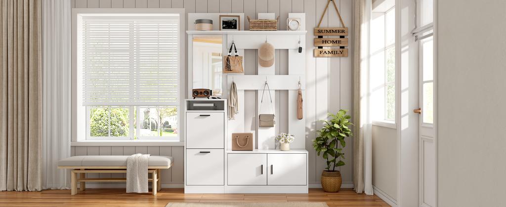 Coat Rack for the Entrance Area, Shoe Cabinet, Mirror and Clothes Hooks, Wall-Mounted Wardrobe, for Hallway Entrance Area, White, 120x30x180cm