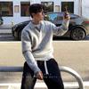 Mens Gray Collared Long Sleeve Knit Polo Sweater Loose Casual Old Money Style Fall Winter