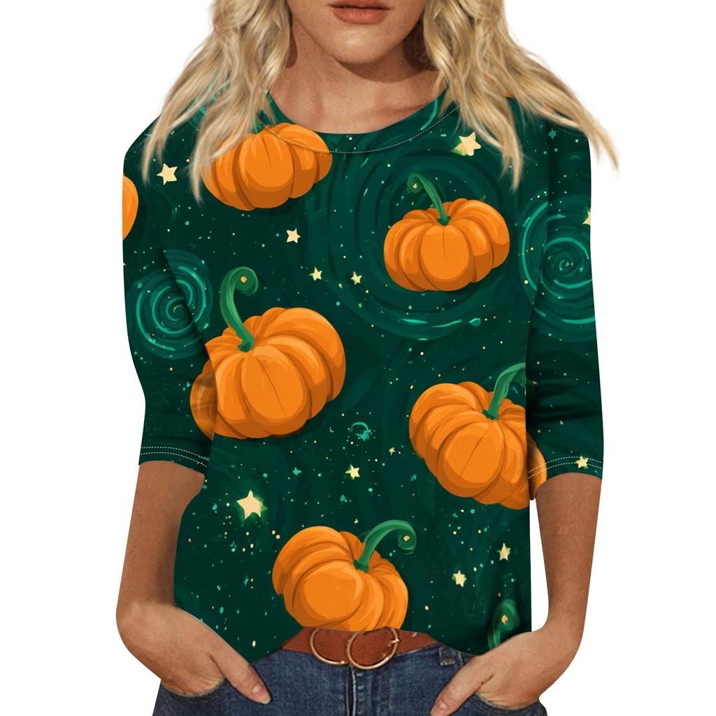Womens Casual Halloween Print Crewneck Three Quarter Sleeve T Shirt Top Loose Fit Soft Material Comfortable Style