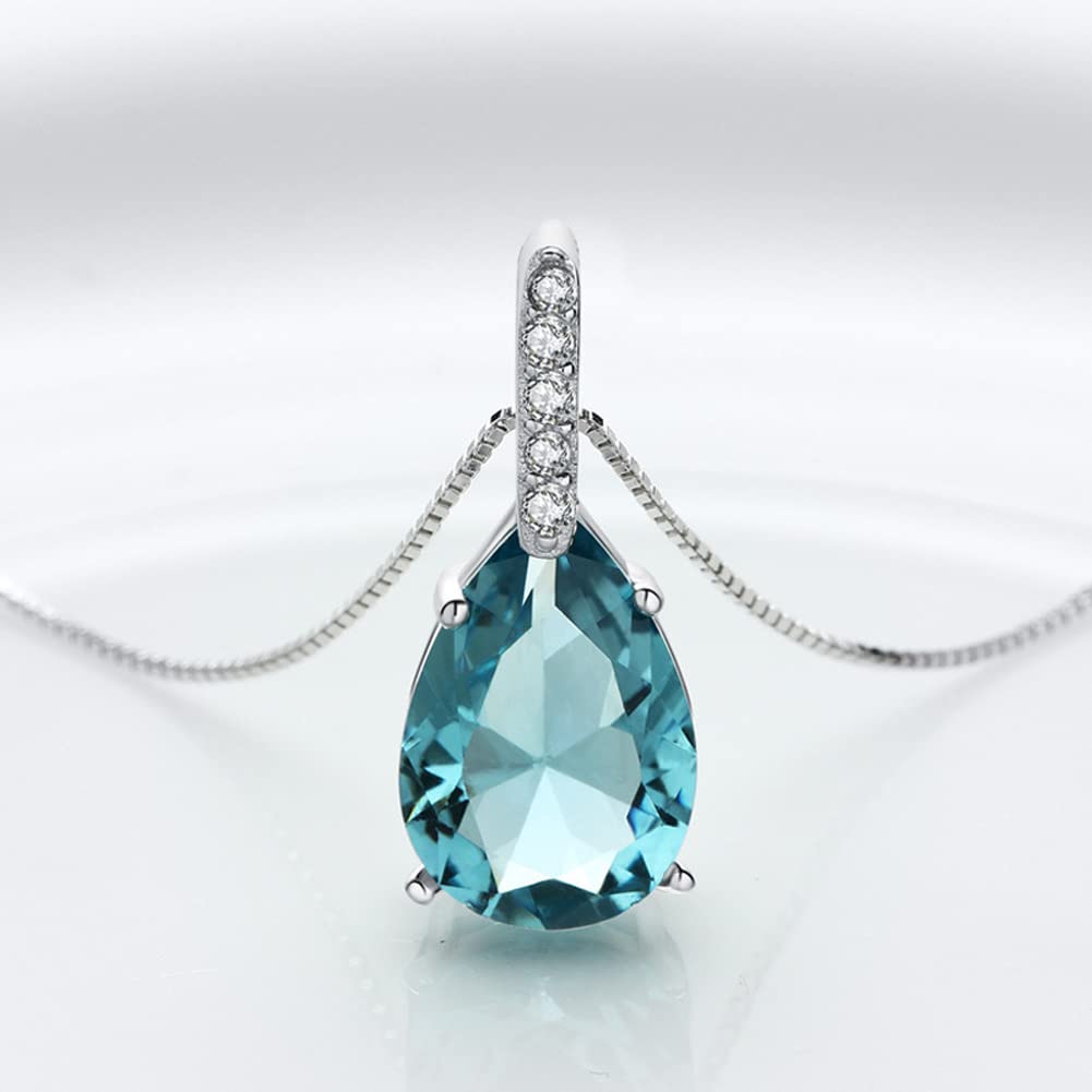 Necklace Silver Blue Drop Necklace Zirconia Large Opal Water Drop Pendant Venetian Chain 925 Silver Birthday Girlfriend Present Accessory [Rockyu]