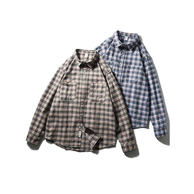 American Retro Pure Cotton Brushed Plaid Shirt Men's Long-Sleeved Spring and Autumn Style Foreign Trade Men's Casual Vintage Cotton Shirt