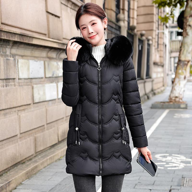 

Средняя и длинная пуховая хлопковая одежда для женщин 2025 новая приталенная и тонкая куртка с большим меховым воротником пуховая хлопковая куртка XXXL чёрный