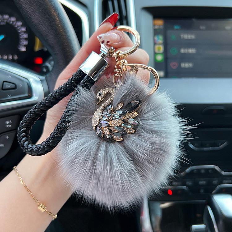 Crystal Swan Creative Fox Fur Car Keychain Exquisite Chic Keyring Bag Pendant