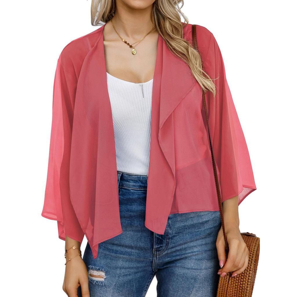 Damen Locker Ausgestellte Ärmel Einfarbig Chiffon Kurzer Cardigan Sonnenschutz-Oberteil