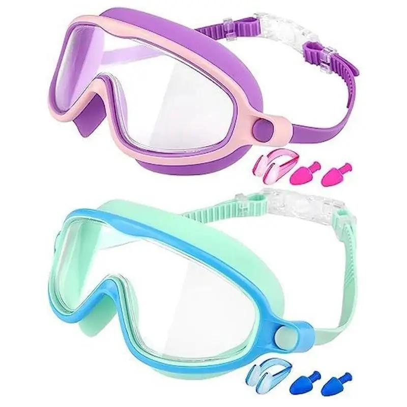 2 Pack Anti-Fog Anti-UV Swimming Goggles HD Diving Goggles with Earplugs Anti Choking Women Men Large Frame Silicone Swim Ggles