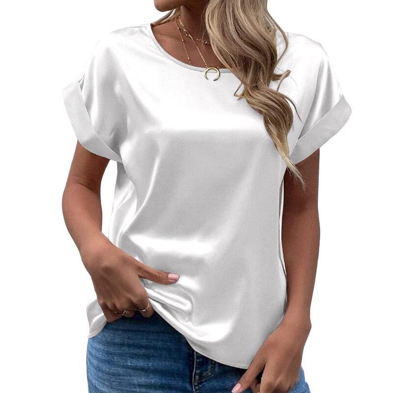 

Casual Solid Satin Women Blouse Fashion 2026 Summer Elegant Short Sleeve Woman Shrit Loose Office Lady Tops Women Clothing 25084 XXL білий