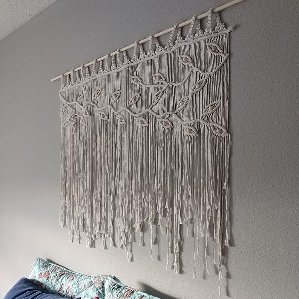 Macrame Wall Hanging Boho Handmade Woven Tapestry Leaf Pattern Tassels Wall Decor Curtain Home Decoration For Living Room Bedroom Wedding Party