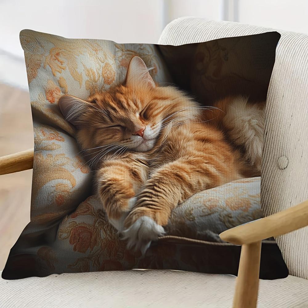 Cozy Orange Cat Print Decorative Pillowcase Cute Fat Tabby Cat Design Comfortable Polyester Fabric Pillow Cover For Sofa Decor