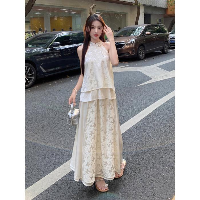 New Chinese Style Cheongsam, Cold Sense Zen Wear, a Complete Set of Neck-hanging Tops, Half-length Skirts, and Suits for Women's Summer