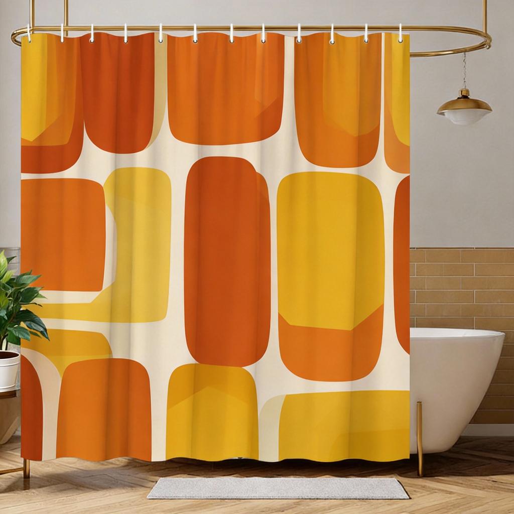 Retro Geometric Shower Curtain Layered Green & Brown Shapes, Mid-Century Modern Bath Curtain for Vintage and Boho Bathroom Decor