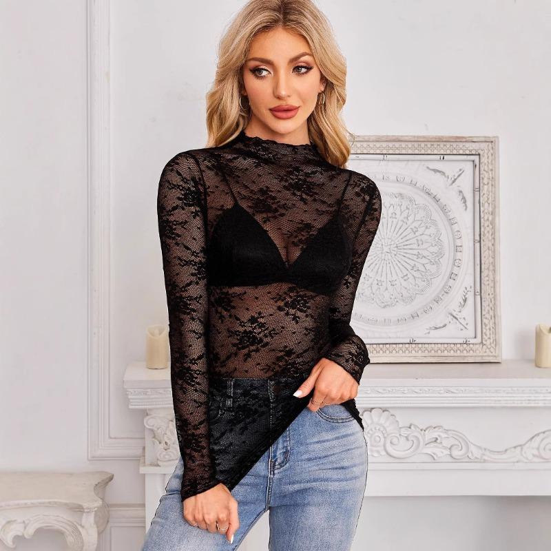 Dames Sheer Kant Mesh Lange Mouw Slim Fit Semi Hoge Hals Casual Basis Blouse