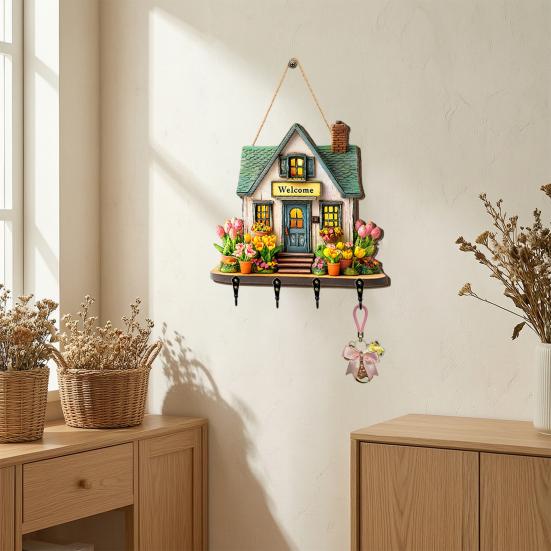 Hängendes Schild 'Feenhaus' aus Holz, Schlüsselhalter im Landhausstil Wanddeko mit 4 Haken, Vintage Blumen-Hängegestell für Eingangsbereich Flur Küche