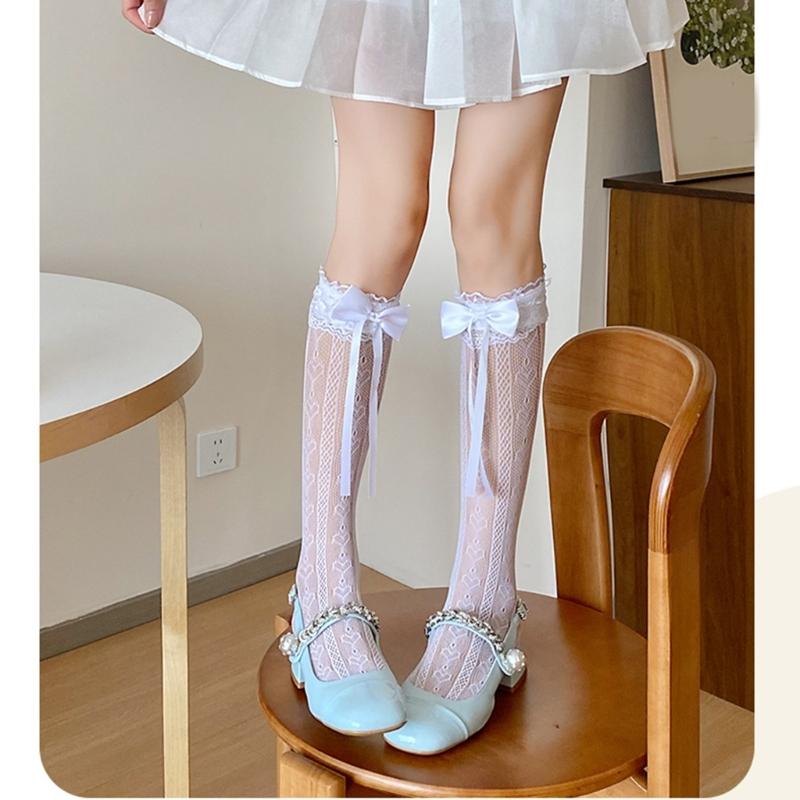 Japanese Style Ruffle Lace Trim Over the Calf Socks for Women Cute Ribbon Bowknot Hollowed Out Heart Fishnet Stockings