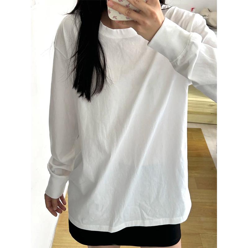 Women's Round Neck Long Sleeve Loose T-Shirt - White, Basic Layer, Japanese Korean Style, Casual Wear for Spring, Autumn, Winter. Free Shipping.