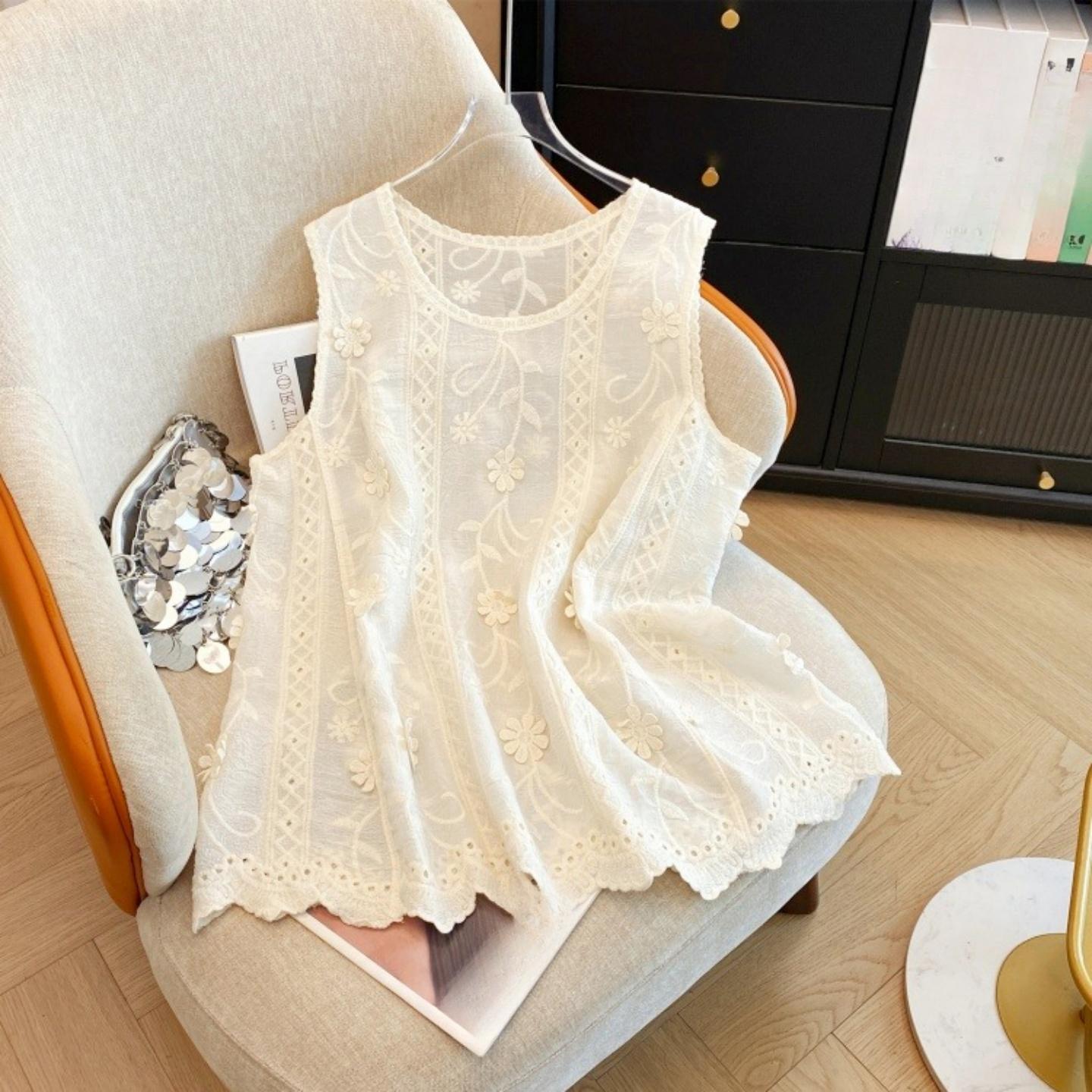 

DIMANAF 2025 New Summer Basic Vest T-Shirt Women Knitting Lace Sleeveless Hollow Style Tops Loose