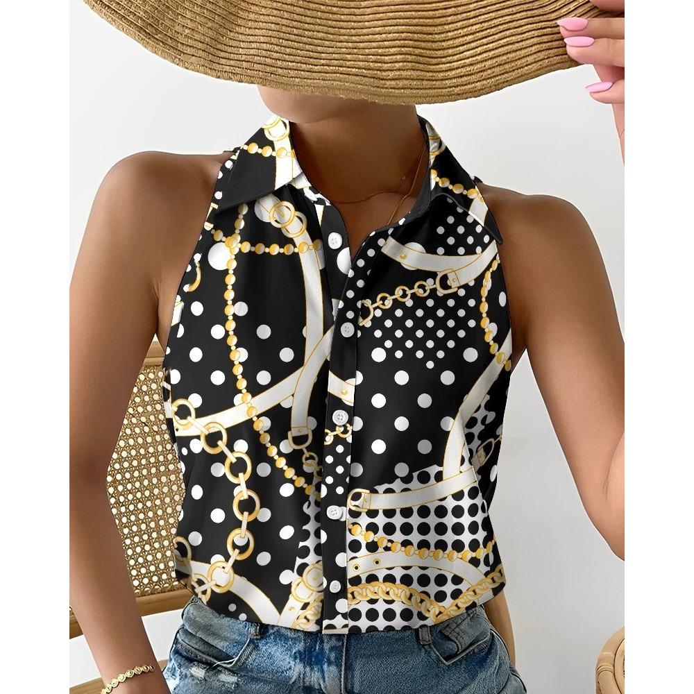 Women's Summer Casual Fashion Strapless Sleeveless Abstract Print Shirt