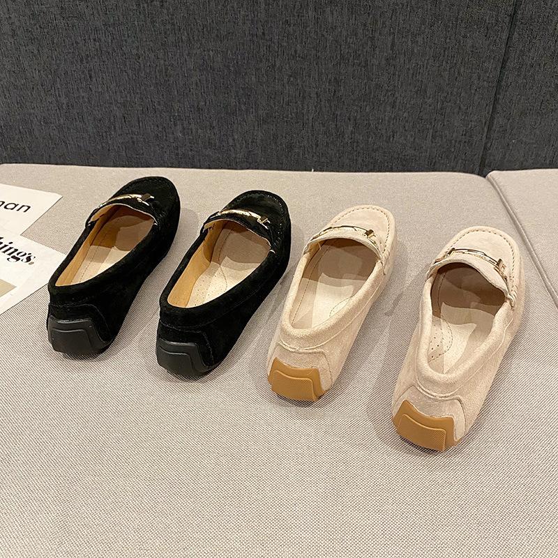 Fashion 2025 Brand Metal Buckle Mocasines Women Genuine Leather Shoes Pigskin Loafers Femmes Slip On Cow Suede Flats Woman Shoes Walking