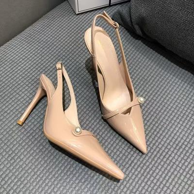 Fashion Women's Temperament Baotou Sandals Summer New Pointy Shallow Mouth Pearl Metal Buckle A Slip-on Stiletto Heels