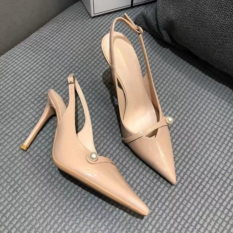 Fashion Women's Temperament Baotou Sandals Summer New Pointy Shallow Mouth Pearl Metal Buckle A Slip-on Stiletto Heels