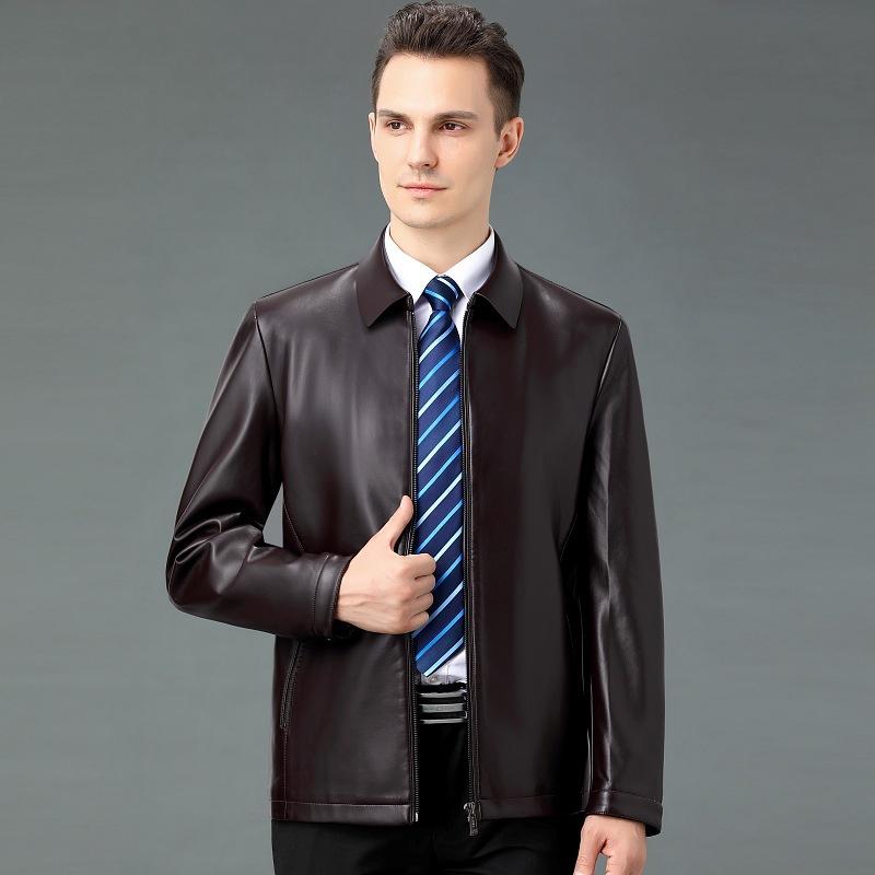 Spring New Sheepskin Single Leather Jacket for Young and Middle-aged Men with Velvet Short Lapel Solid Color Soft Leather Jacket