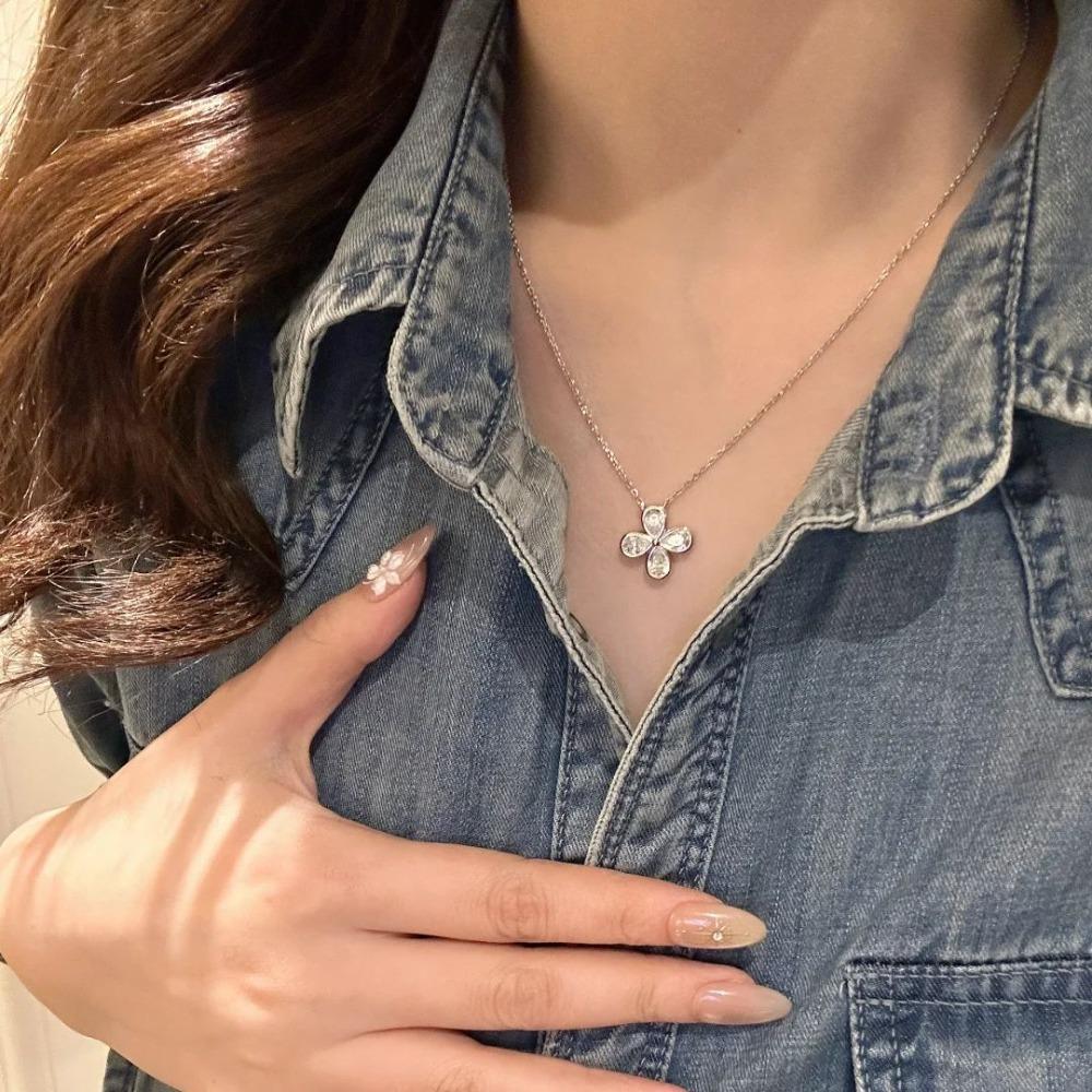 Luxury French Retro Clover Necklace with Diamond Flower Earrings Women Jewelry Set