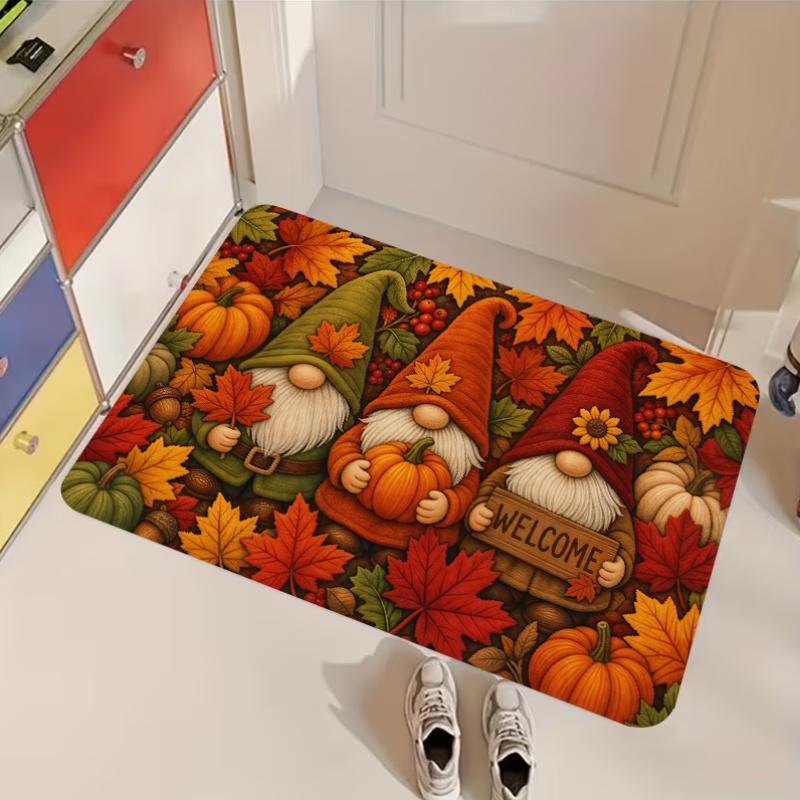 1pc, 2D Flat Printing, Autumn Maple Leaf Pumpkin Gnome Entrance Door Mat, Non-Slip Machine Washable Easy Clean Polyester Carpet, Suitable for Home And