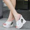 Fashion 2025 Womens Slippers Creepers Shoes Platform Bowknot Rhinestones Crystal Wedge Super 13CM High Heel New Summer Hollow Black