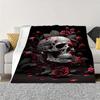 Skull Red Rose Dark Gothic Style Blanket For Living Room Edgy Floral Print Throw Warm Fleece Accent