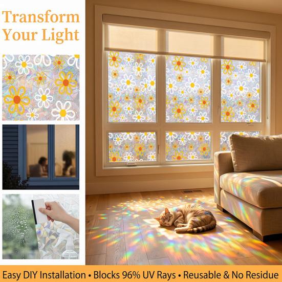 Window Privacy Film Stained Glass Floral Decorative Window Clings Colorful UV Blocking Static Glass Decals for Bedroom Living Room