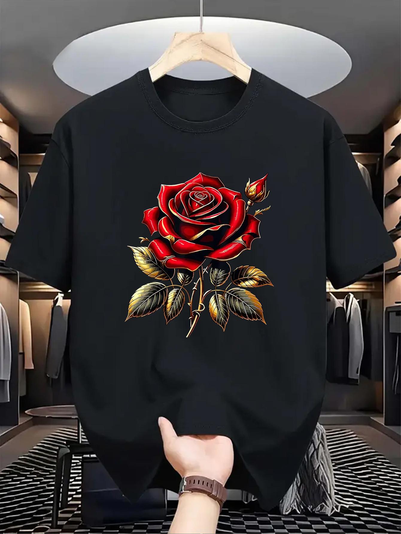 Men S Casual Crew Neck T-Shirt with Red Flower Print L