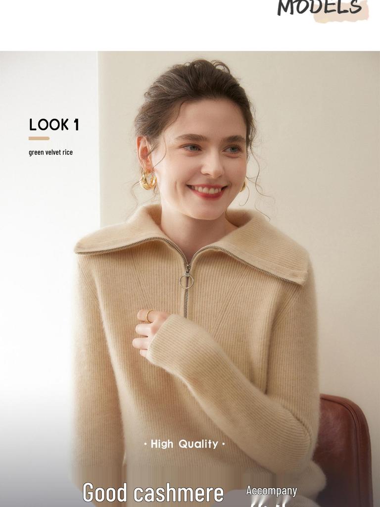 Damen Dick gestrickter Kaschmirpullover - Großer Reverskragen, Polo-Kragen mit halbem Reißverschluss, Vielseitige lockere Passform für Herbst und Winter