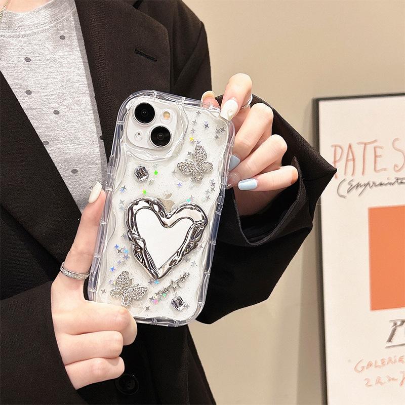 Applicable To Apple 17Promax Mobile Phone Case 15 Love Makeup Mirror Iphone16 Mirror Butterfly Rhinestone 13 Glitter