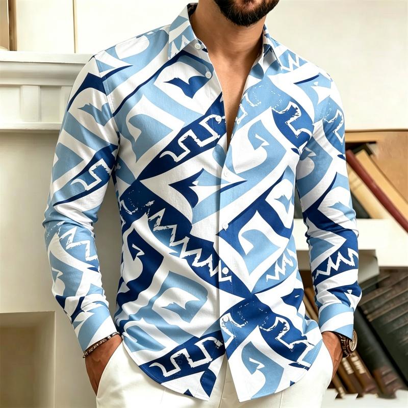 Men's Collar Button Up Long Sleeved Shirt, Black and White Abstract Geometric Full Print Shirt, Street Trendy Casual Loose Top