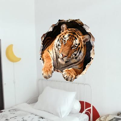 3D Tiger Breaking Through Wall PVC Wall Sticker Self-Adhesive Removable Waterproof for Bedroom Bathroom Living Room Background Wall Home Decor Art