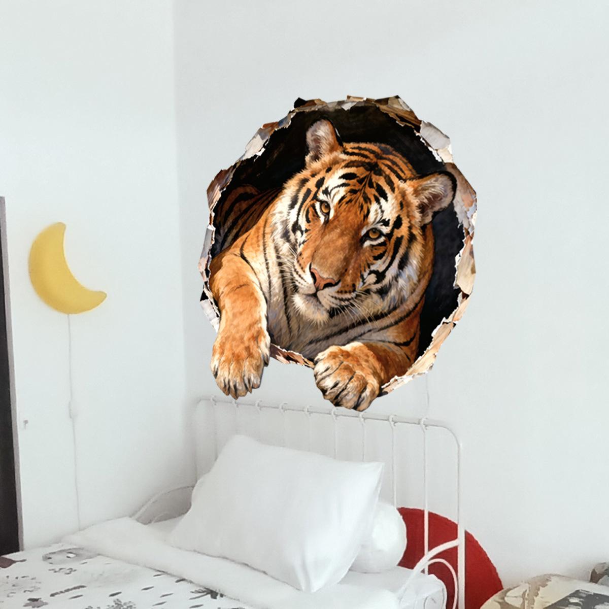 3D Тигр Пробивающий Стену ПВХ Наклейка на Стену Самоклеящаяся Съемная Водонепроницаемая для Спальни Ванной Гостиной Настенный Декор Искусство 30x60cmx2pcs/60x60cm разноцветный