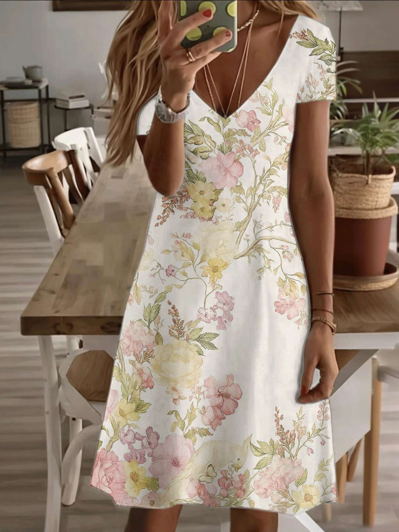 

Vneck shortsleeve midi dress vintage floral women dress soft pastel flower print 3D highquality printing durable fabric casual and stylish summer 2XL дубильная кора