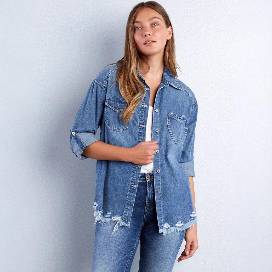 

Women s Ripped Irregular Fringed Denim Shirt Medium