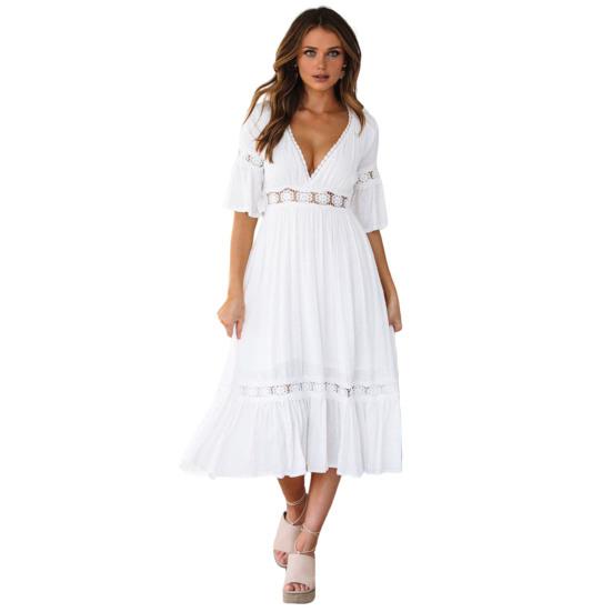 Boho Summer V Neck Flowy Dress for Women Floral Lace Ruffle A Line Dress Casual Bell Sleeve Beach Vacation Sundress