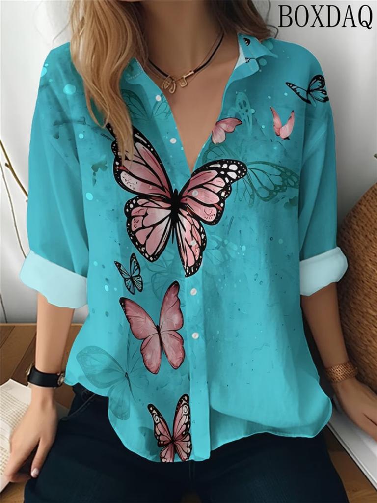 Women's Long Sleeved Lapel Button Up Blouse Autumn Butterfly Pattern Printed Casual Shirts New Loose Daily Women's Tops