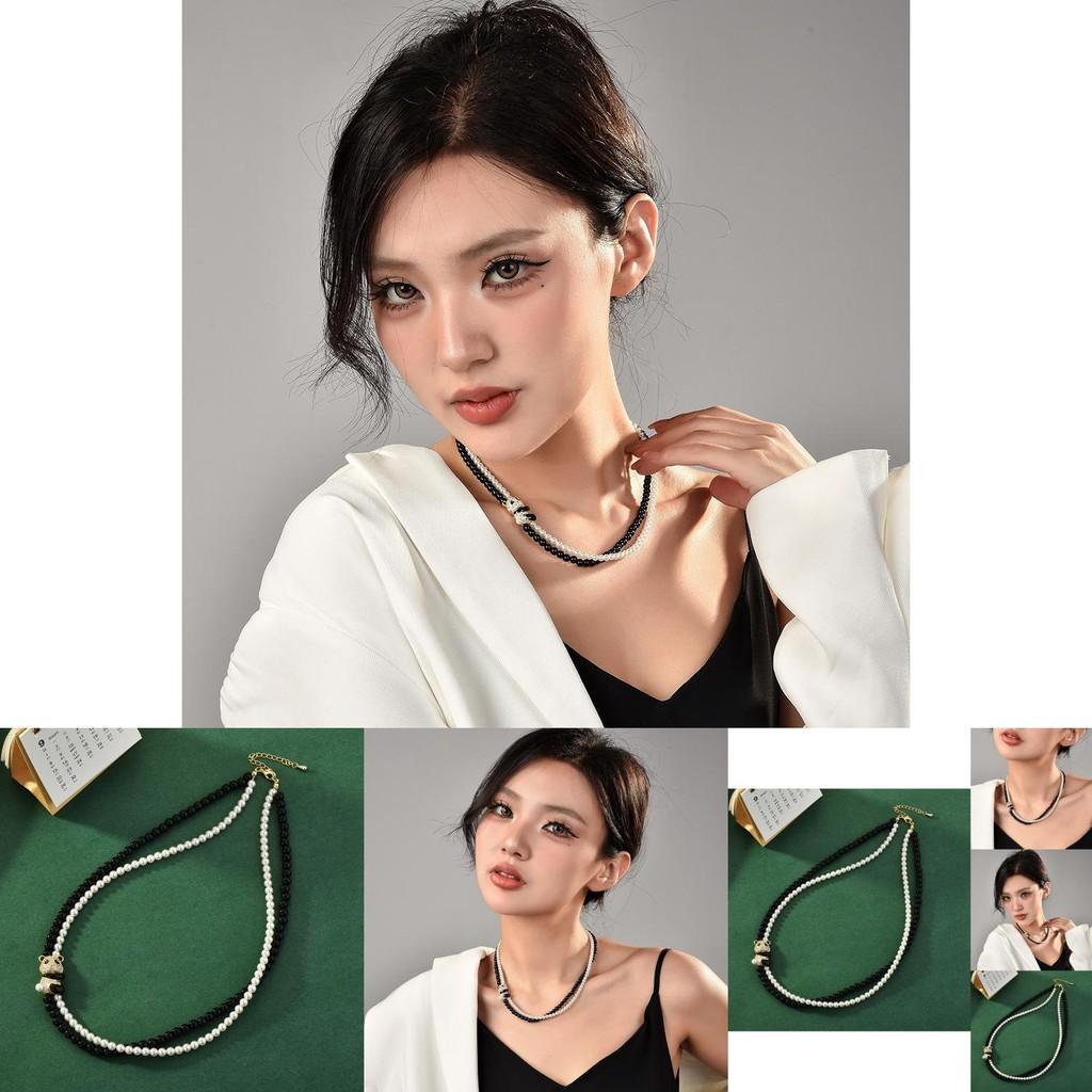 Vintage Inspired Black And White Crystal Pearl Choker Necklace Featuring Adorable Panda Charm