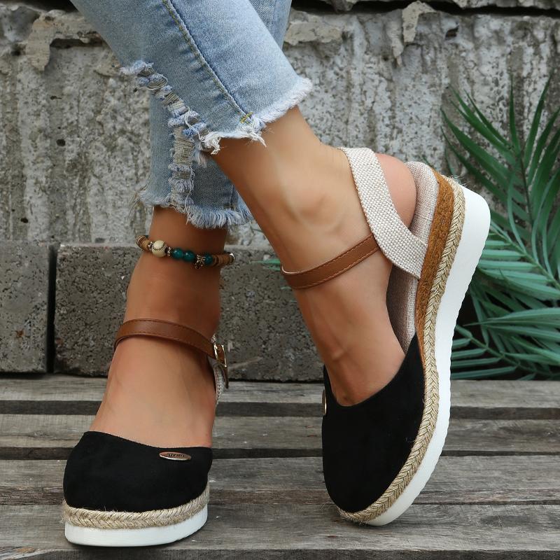 Sommer Damen Leinen Uni 6cm Keilsandalen Bohemian Handarbeit Damen Lässig Bequem Espadrilles Plateau Pumps Schuhe