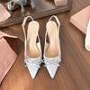 Bow Bag Head Shallow Mouth Rear Empty Sandals Women's New Satin Pointed Head Thin Heel High Heel Single Shoes