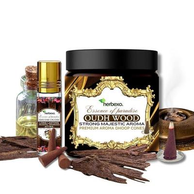 Oud Attar und Herbal Dhoop Combo Pack, langanhaltend, ungiftig, alkoholfrei, geringe Rauchentwicklung, natürliches Oud Attar und Dhoop Combo Pack (Oud)