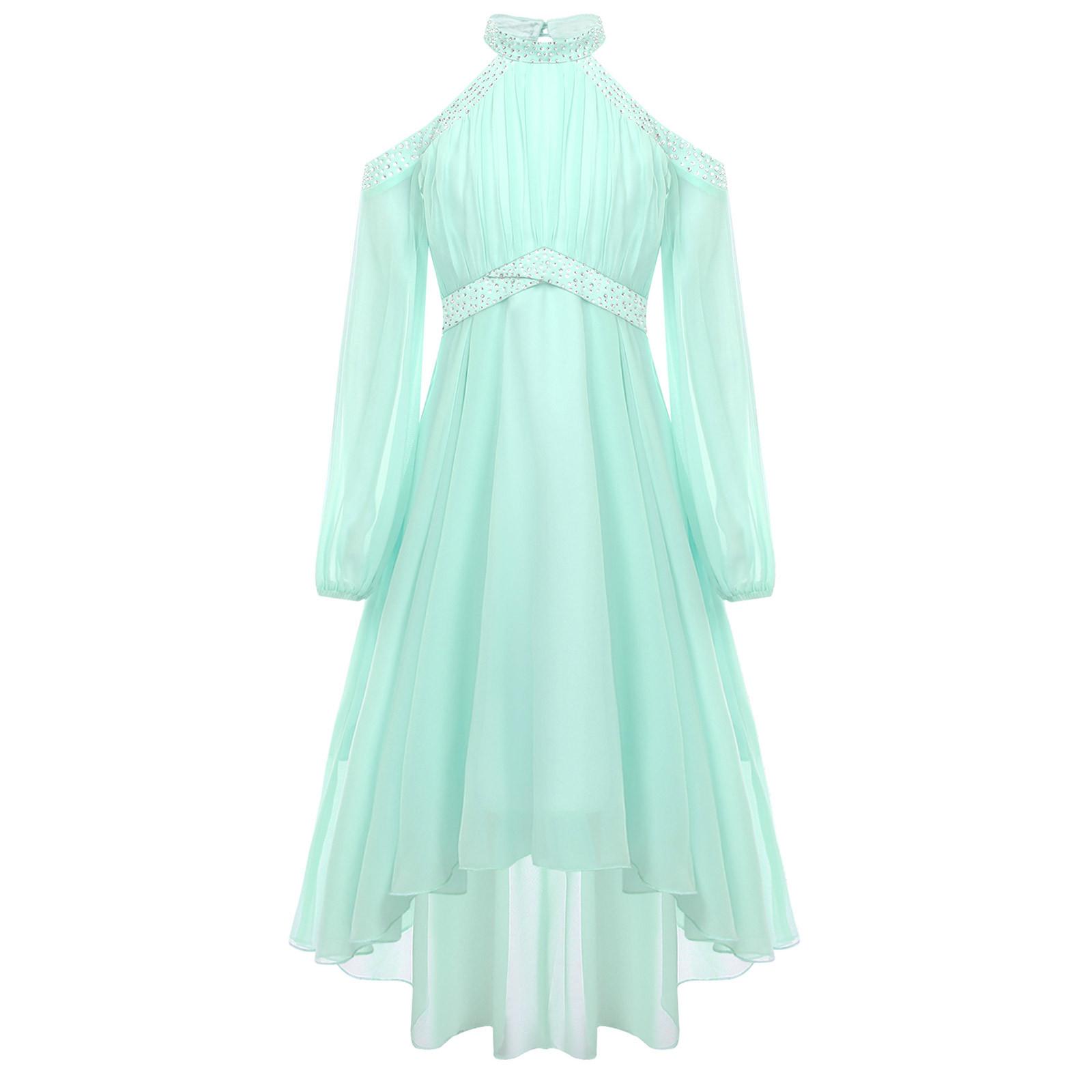

Дівчата Елегантна Вечірня Сукня Халтер З Відкритими Плечима Довгий Рукав Висока Талія З Рюшами Нерегулярний Поділ Дизайн зі Штучними Діамантами Сукня 5-6 Years світло-зелений колір