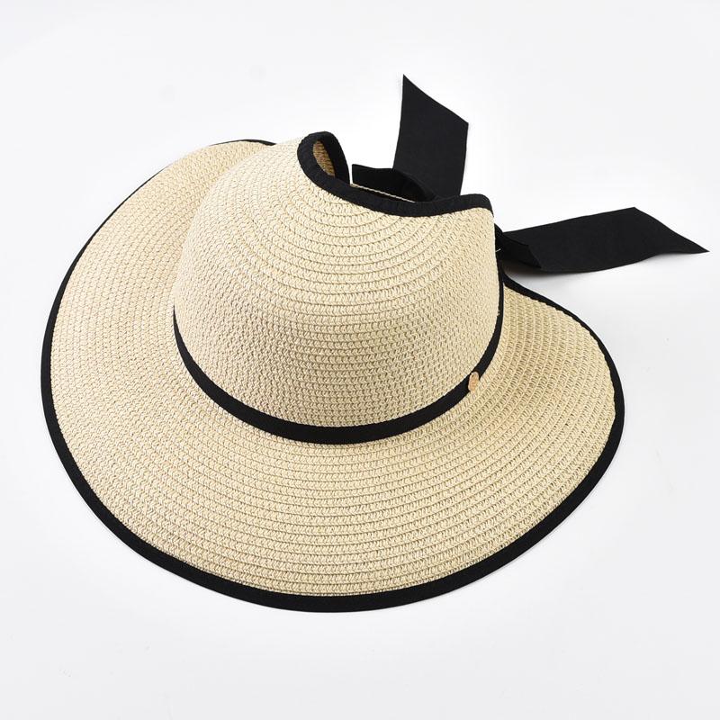 

Spring Summer Empty Top Round Sun Hats for Women Elegant Foldable Wide Large Brim Beach Straw Hat One Size бежевий