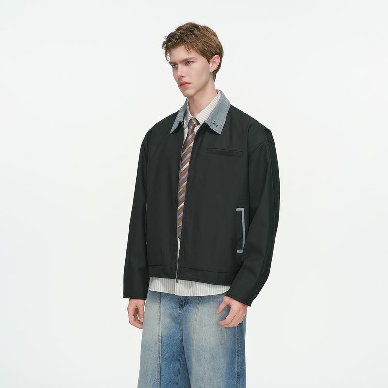 

Dream Made American-Style Patchwork Barn-Style Short Work Jacket for Men, Spring and Autumn Cleanfit Jacket Black 2XL